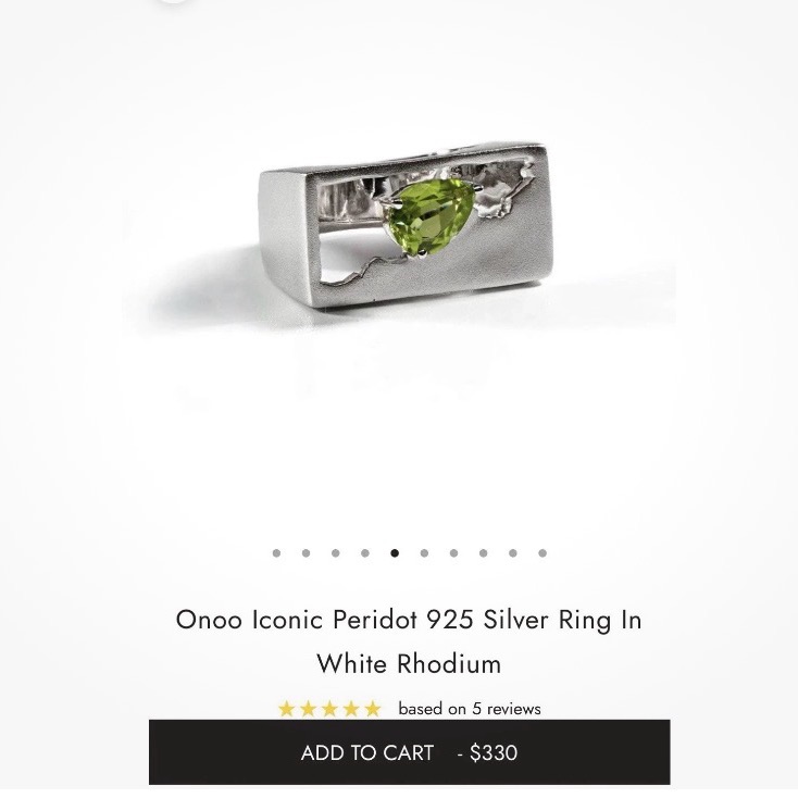 German Kabirski Iconic Onoo Peridot Ring. 925 Silver Plated With White Rhodium